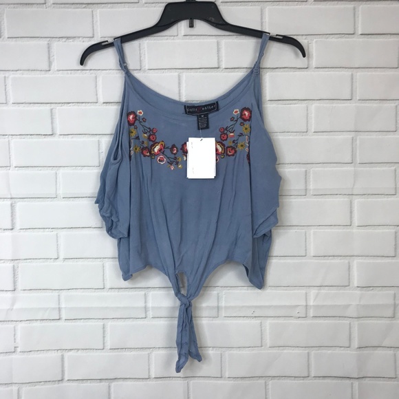 Polly & Esther Cold Shoulder Top Blue Floral Knot - Picture 2 of 3
